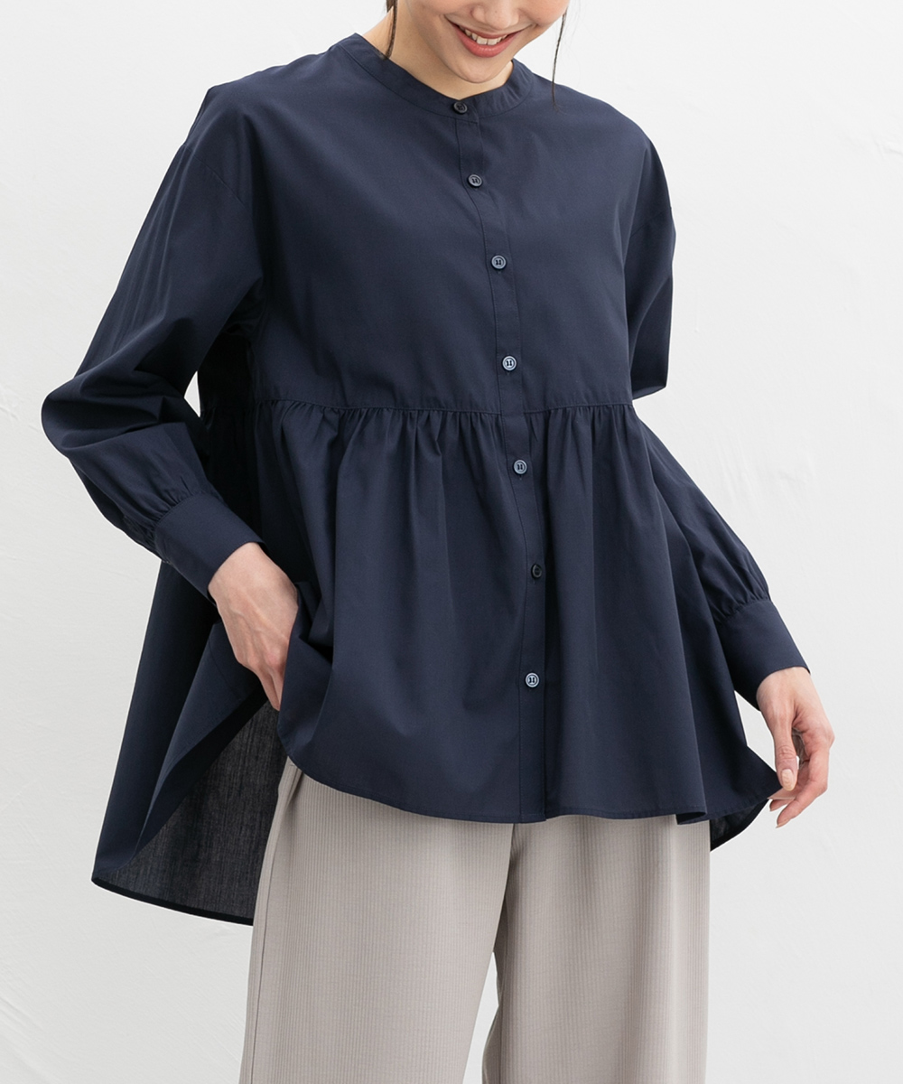 45R 長袖 ブラウス チェック ストライプ 切替 ブルー 4サイズ Honeys（ハニーズ） トップス ブラウス 長袖 切替ブラウス ギャザー