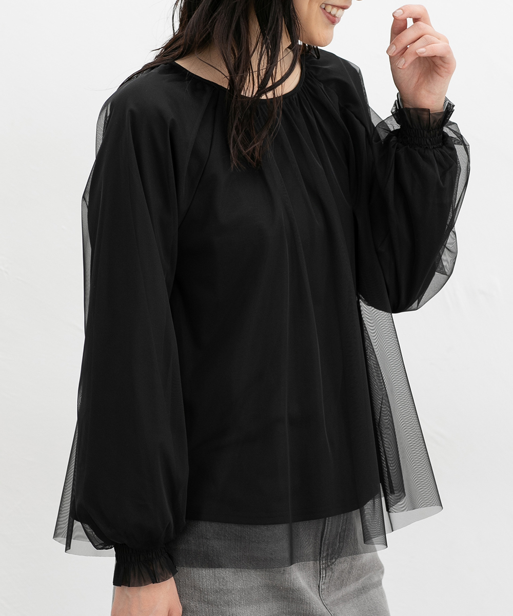 AD2023 チュールギャザーベルトトップス カットソー 長袖 黒 AD2023 チュールギャザーベルトトップス カットソー 長袖 黒