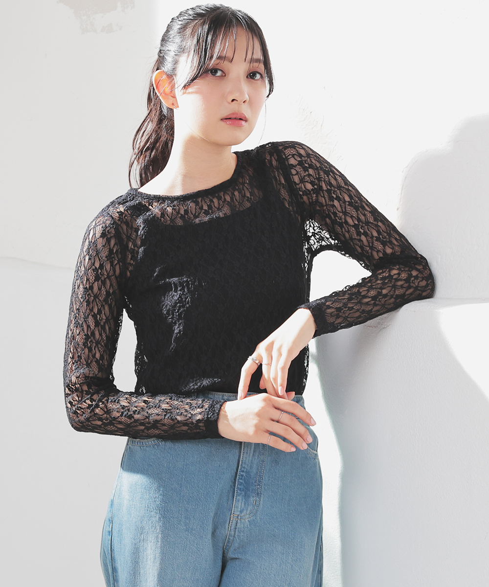 Honeys（ハニーズ） トップス カットソー 長袖 花柄レース 総レース