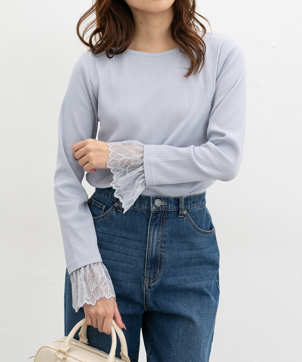 ロシャス ニット トップス 七分袖 ボーダー柄 レース 日本製 大きいサイズ レディース 13+サイズ 白×グレー Rochas Honeys（ハニーズ） トップス カットソー 長袖 大きいサイズ レース