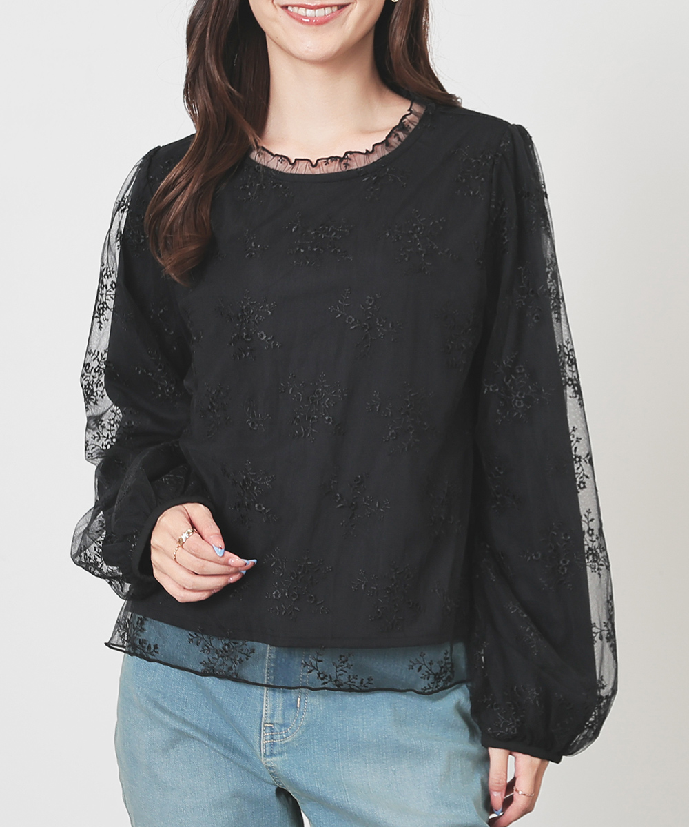 Honeys（ハニーズ） トップス カットソー 長袖 チュール 花柄刺繍