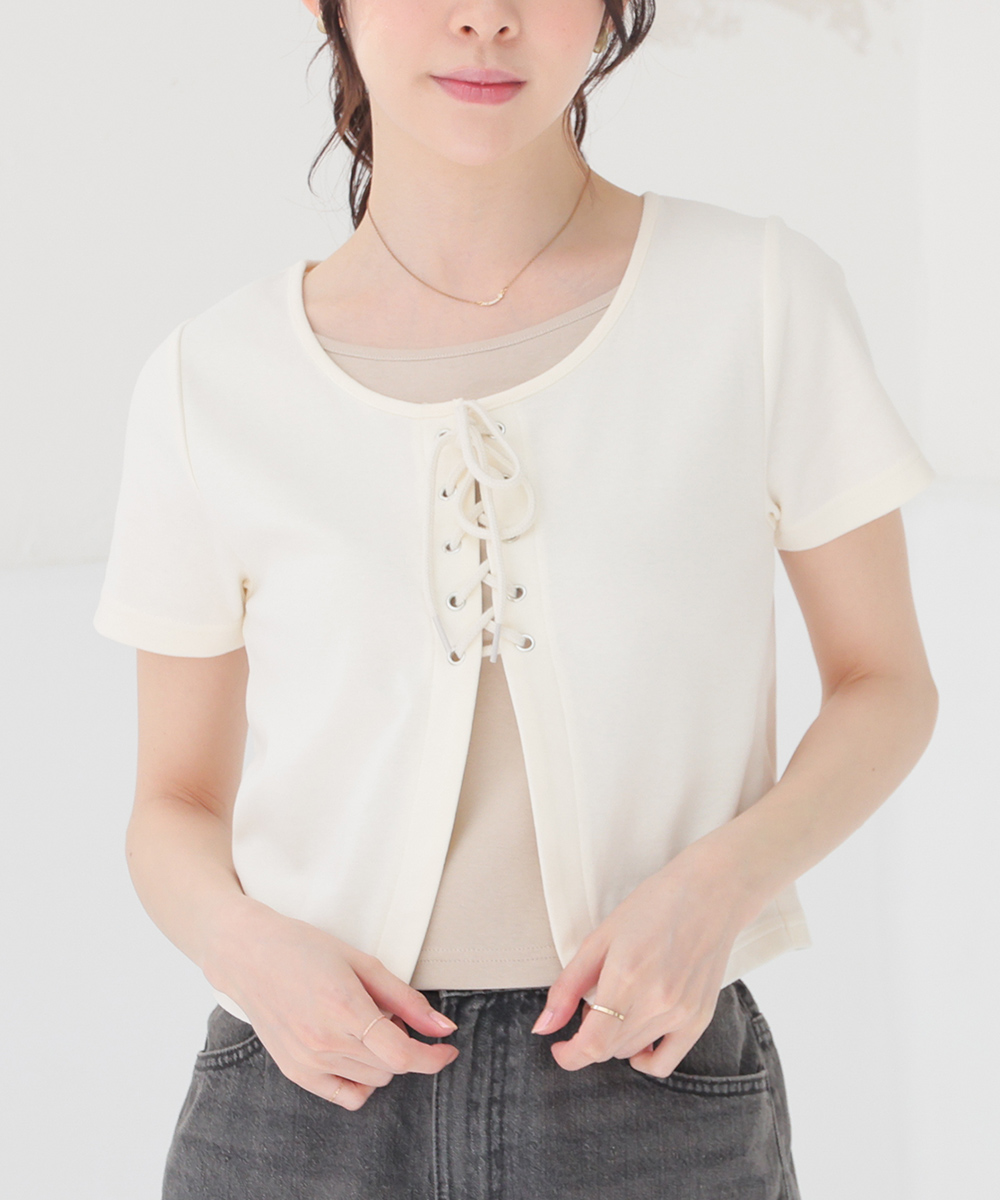 【試着のみ】クレッシェント　半袖カットソー　アイボリー　レース　M Honeys（ハニーズ） トップス カットソー 半袖 レースアップ