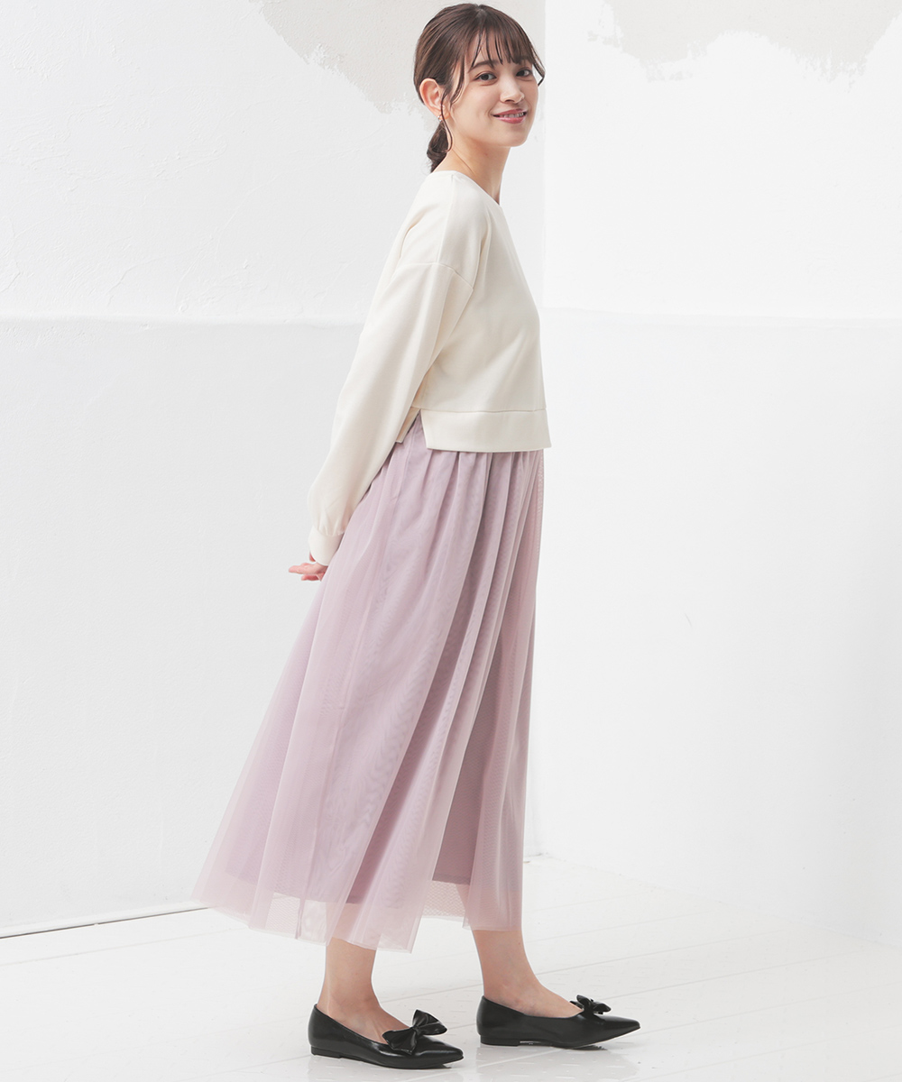 Honeys ワンピース 長袖 ロング丈 ドッキングワンピース クルー