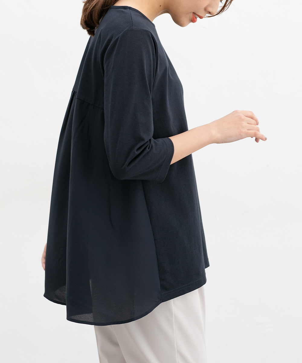 異素材使いブルー✕黒チュニックサイズ40 Honeys トップス カットソー チュニック 異素材使いチュニック