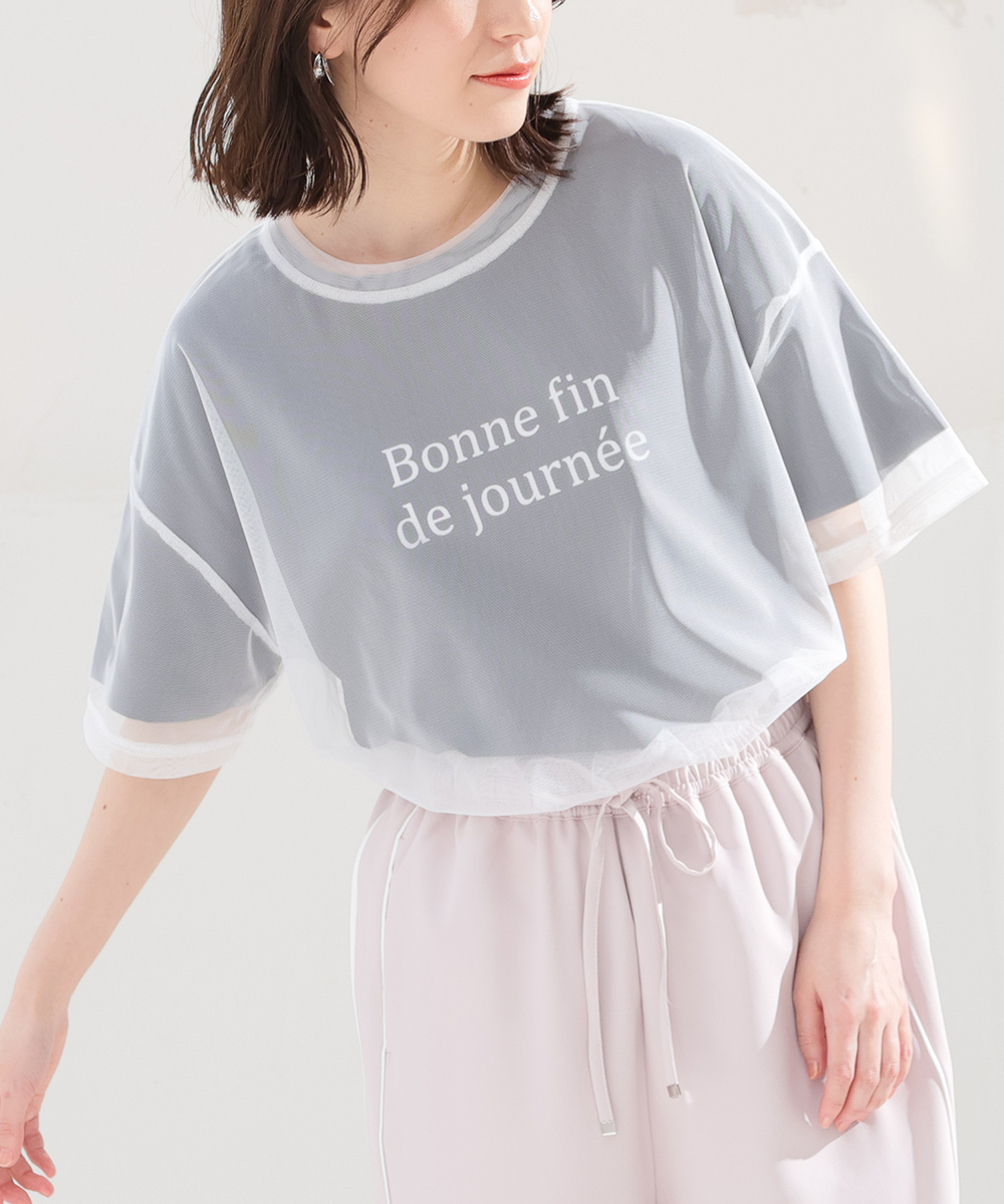 トップス Tシャツ カットソー 半袖 セットアイテム チュール ロゴT レイヤード 綿 レディース Honeys ハニーズ インナー付チュールＴ｜honeys-online｜02