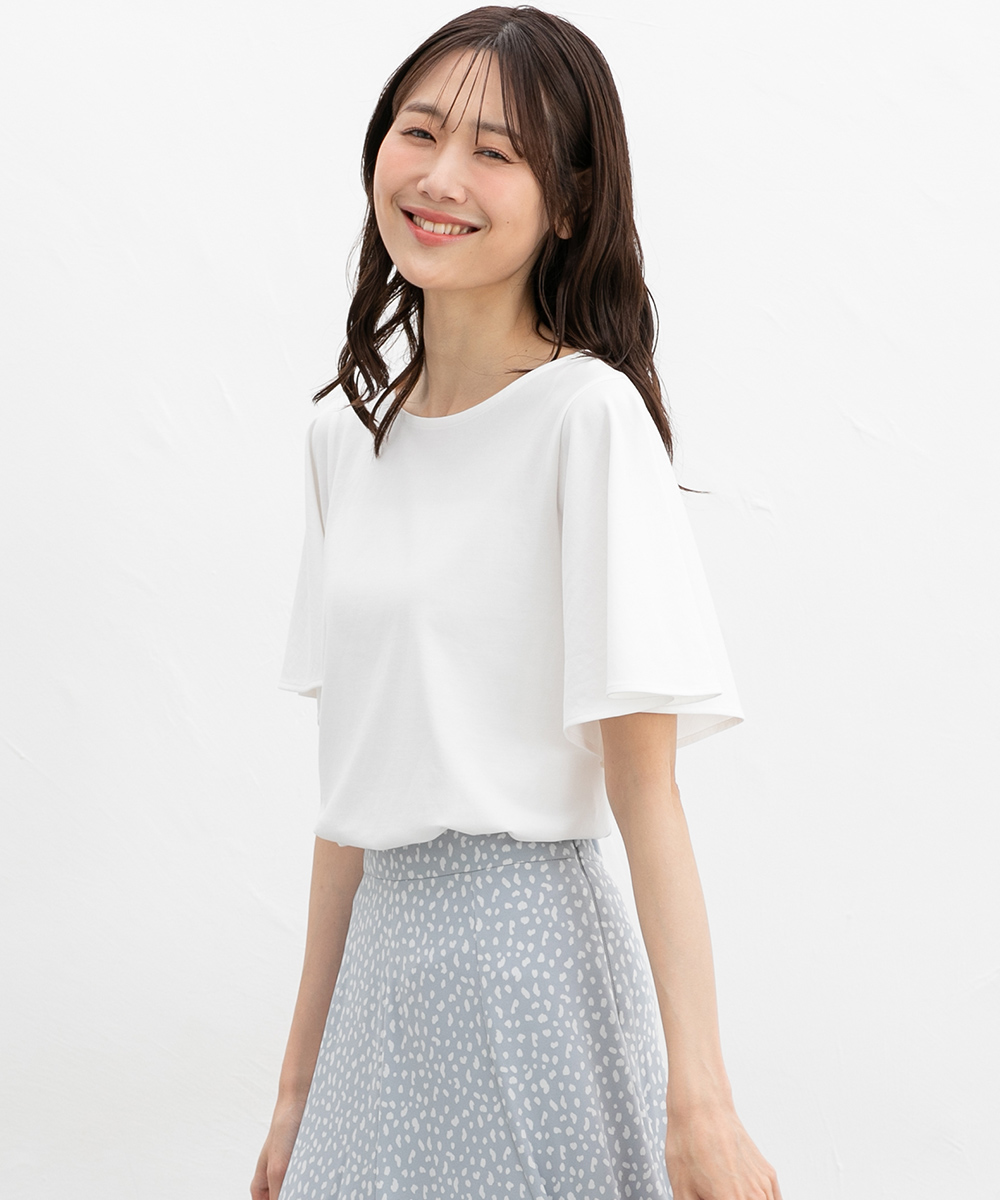 23区　白 半袖 フレア裾 トップス サイズ40 洗える】コットンツイルジャージー フレアスリーブ カットソー
