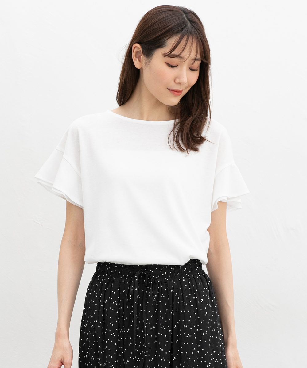 接触冷感 吸水速乾 UVカット トップス Tシャツ 半袖Tシャツ カットソー 半袖 ハニさら 大きいサイズ レディース Honeys ハニーズ フリル袖Ｔシャツ | Honeys | 01