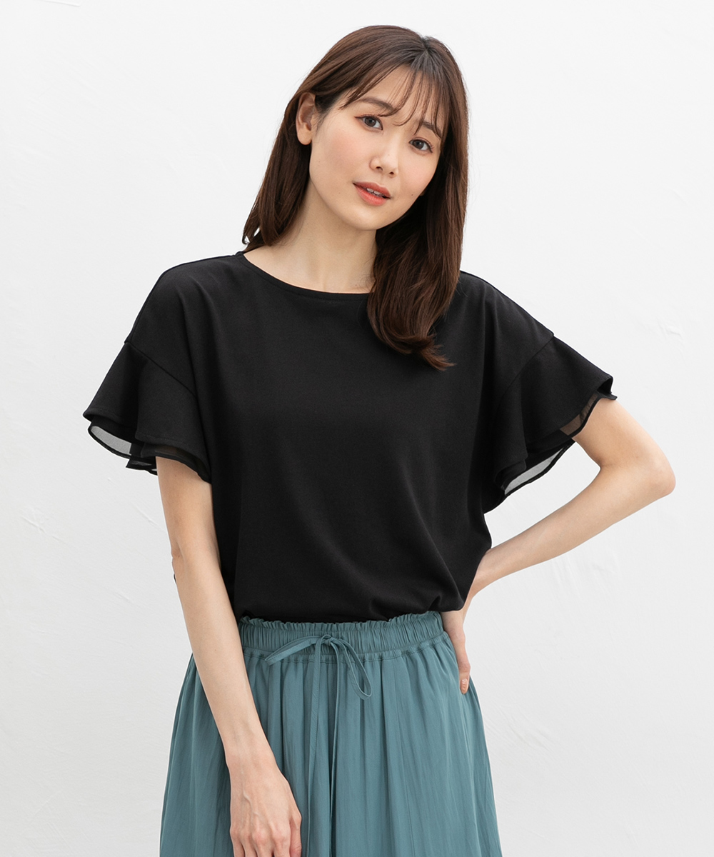 接触冷感 吸水速乾 UVカット トップス Tシャツ 半袖Tシャツ カットソー 半袖 ハニさら 大きいサイズ レディース Honeys ハニーズ フリル袖Ｔシャツ | Honeys | 02