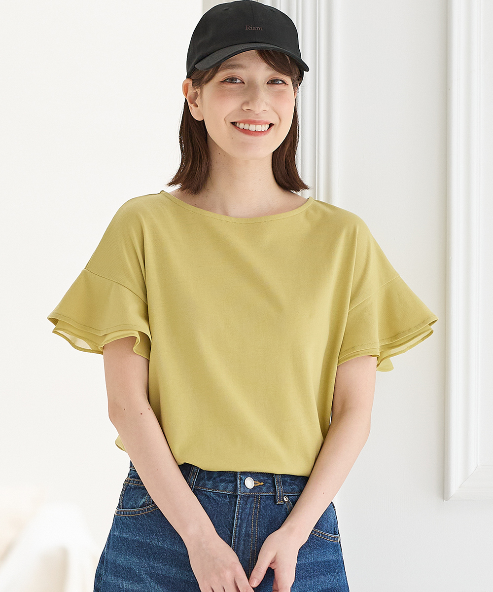 接触冷感 吸水速乾 UVカット トップス Tシャツ 半袖Tシャツ カットソー 半袖 ハニさら 大きいサイズ レディース Honeys ハニーズ フリル袖Ｔシャツ | Honeys | 05