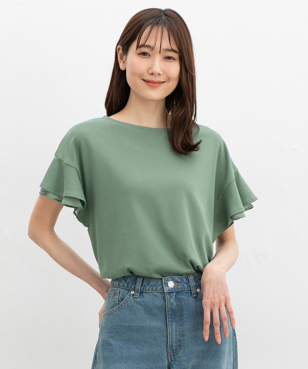 接触冷感 吸水速乾 UVカット トップス Tシャツ 半袖Tシャツ カットソー 半袖 ハニさら 大きいサイズ レディース Honeys ハニーズ フリル袖Ｔシャツ | Honeys | 06