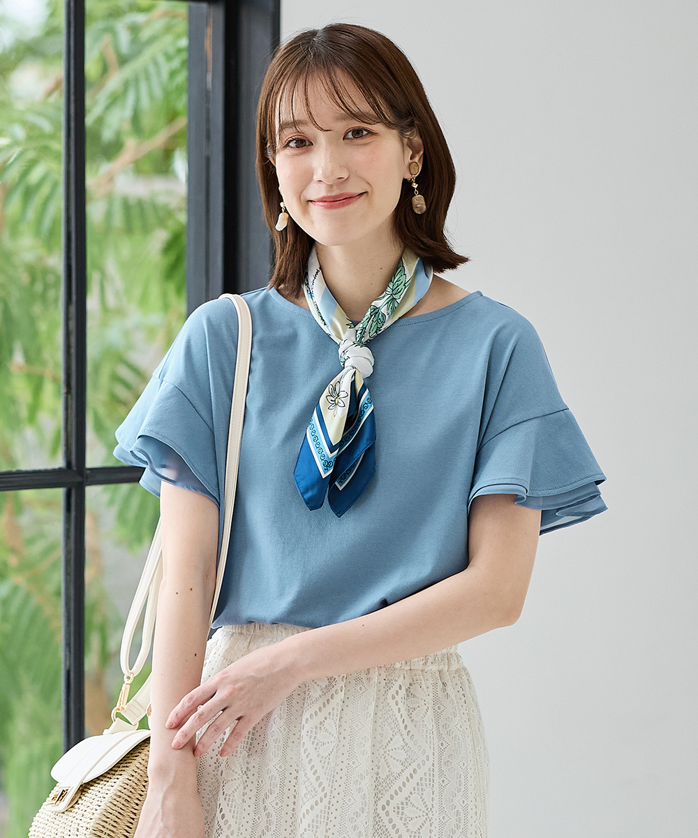 接触冷感 吸水速乾 UVカット トップス Tシャツ 半袖Tシャツ カットソー 半袖 ハニさら 大きいサイズ レディース Honeys ハニーズ フリル袖Ｔシャツ | Honeys | 07