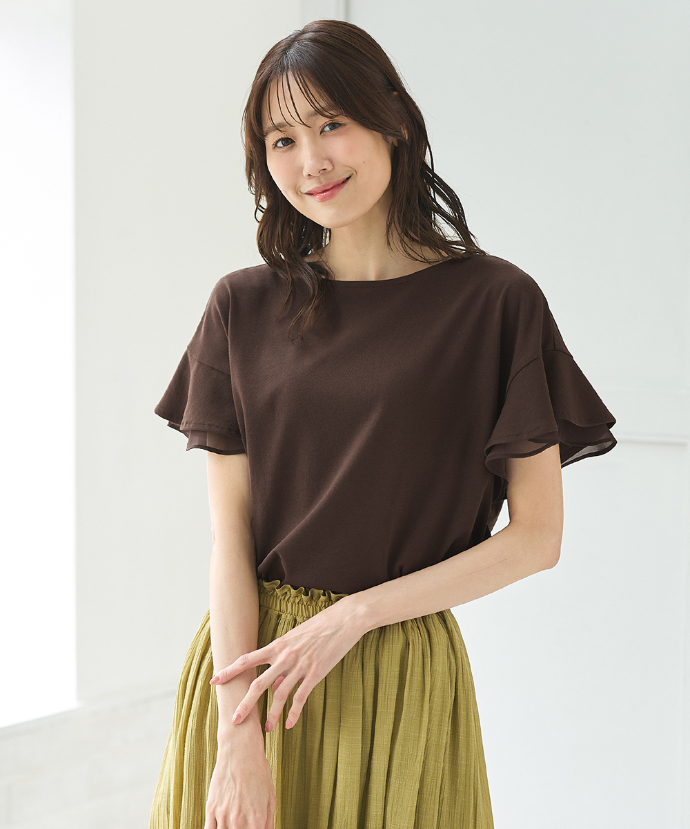 接触冷感 吸水速乾 UVカット トップス Tシャツ 半袖Tシャツ カットソー 半袖 ハニさら 大きいサイズ レディース Honeys ハニーズ フリル袖Ｔシャツ | Honeys | 08