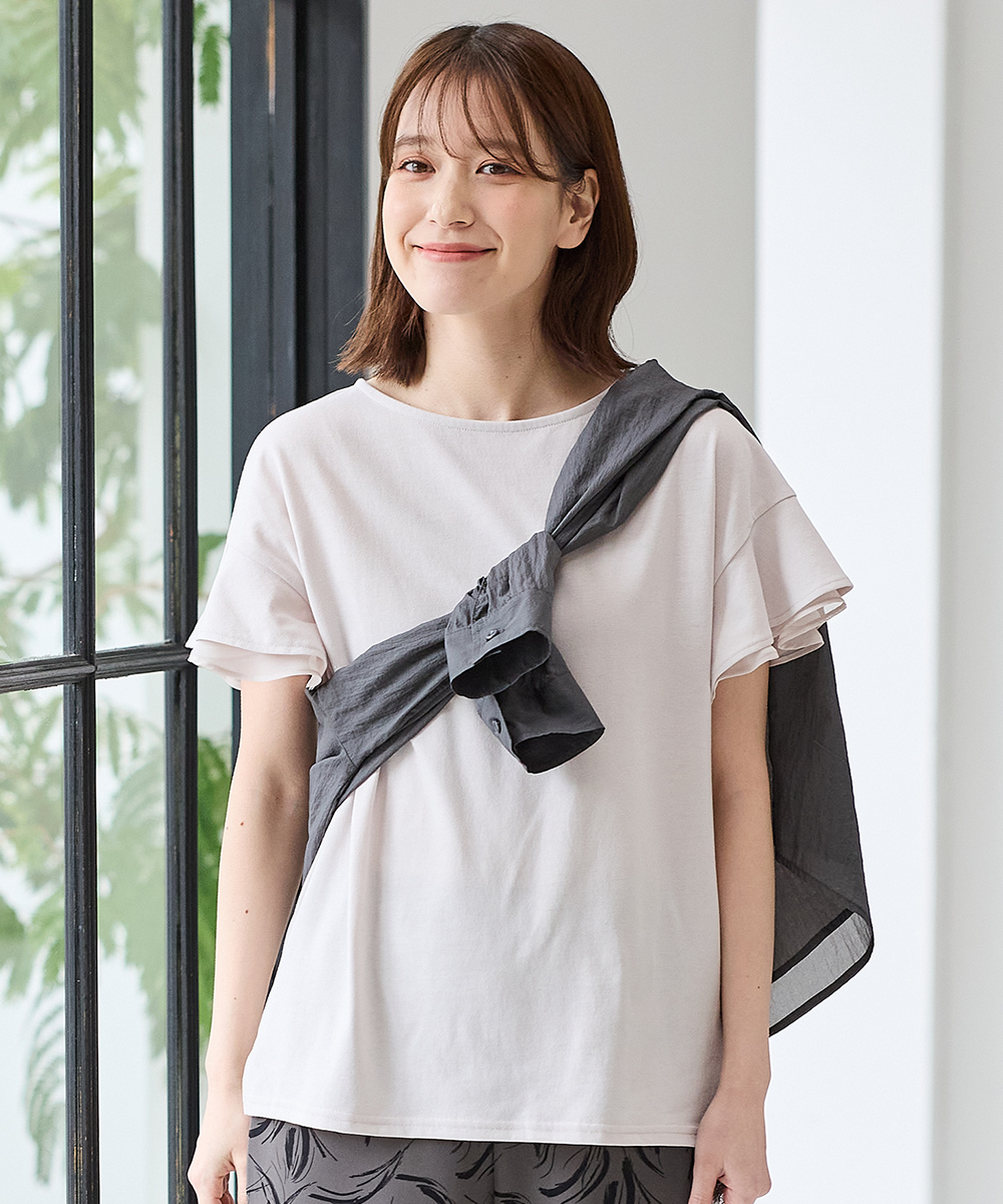 接触冷感 吸水速乾 UVカット トップス Tシャツ 半袖Tシャツ カットソー 半袖 ハニさら 大きいサイズ レディース Honeys ハニーズ フリル袖Ｔシャツ | Honeys | 09