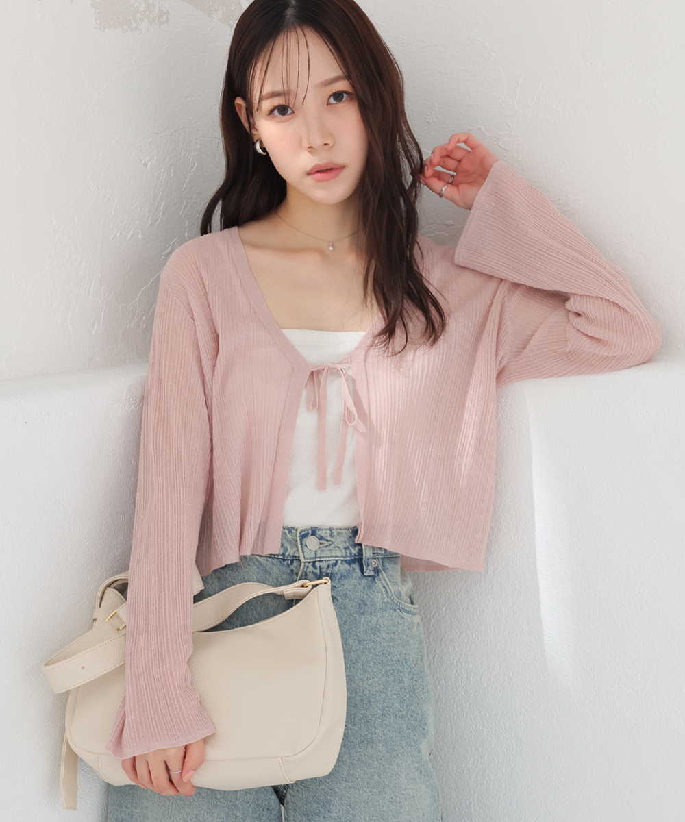 レオナール カンカン素材 シアーカーディガン トリム 前開きリボン 花柄 L Honeys（ハニーズ） トップス カーディガン 長袖 ニット 短め丈
