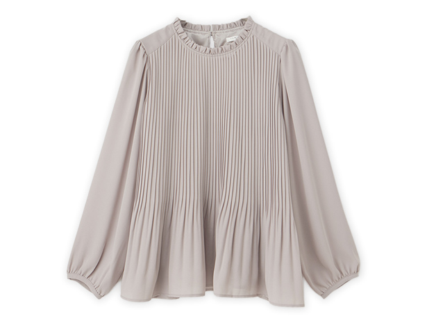 トップス ブラウス 長袖 オフィス きれいめ プリーツ ジョーゼット クルーネック Honeys ハニーズ プリーツ使いブラウス