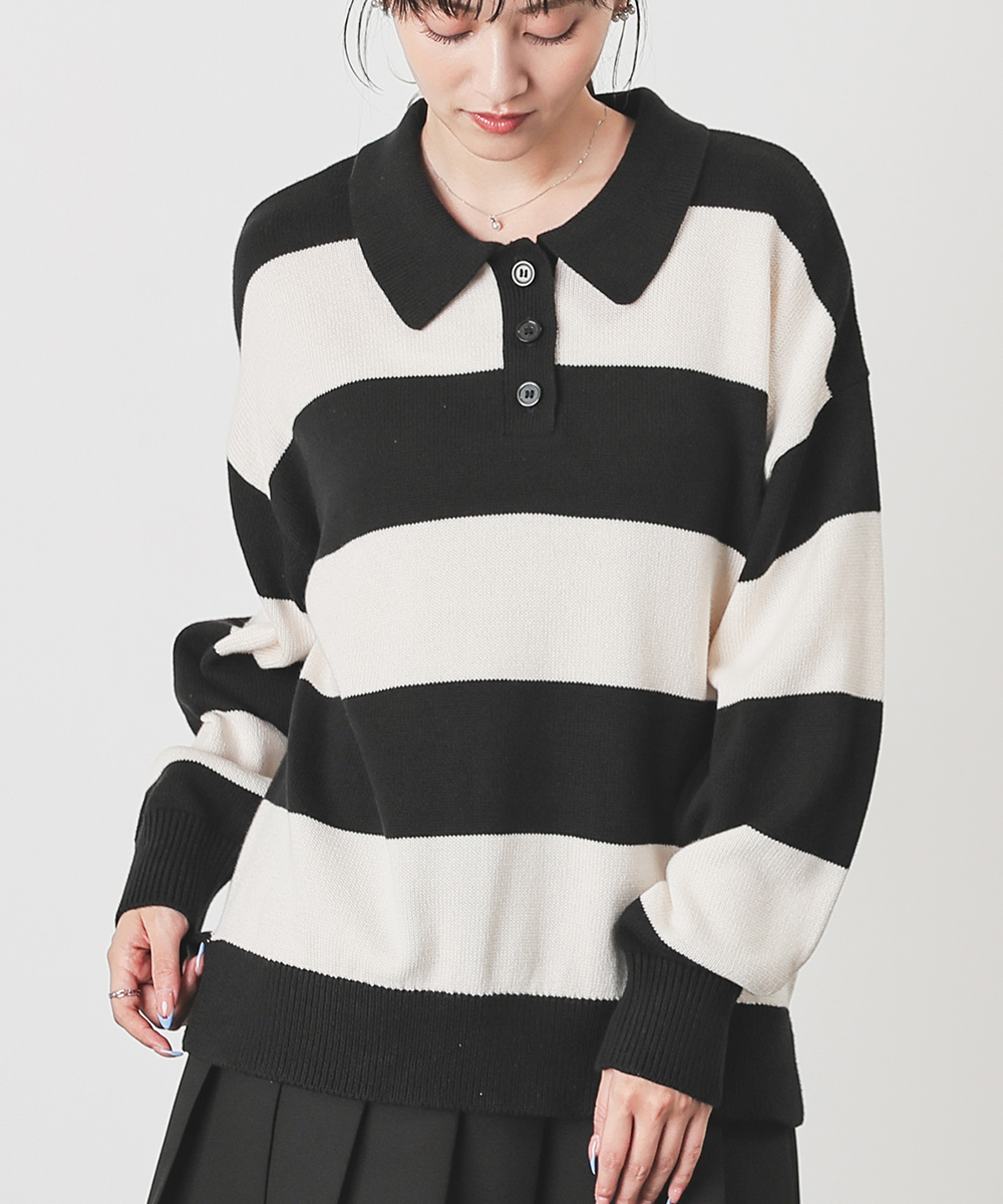 Honeys（ハニーズ） トップス ニット セーター 長袖 衿付き ボーダー柄