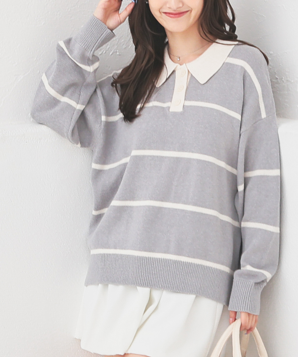 Honeys（ハニーズ） トップス ニット セーター 長袖 衿付き ボーダー柄