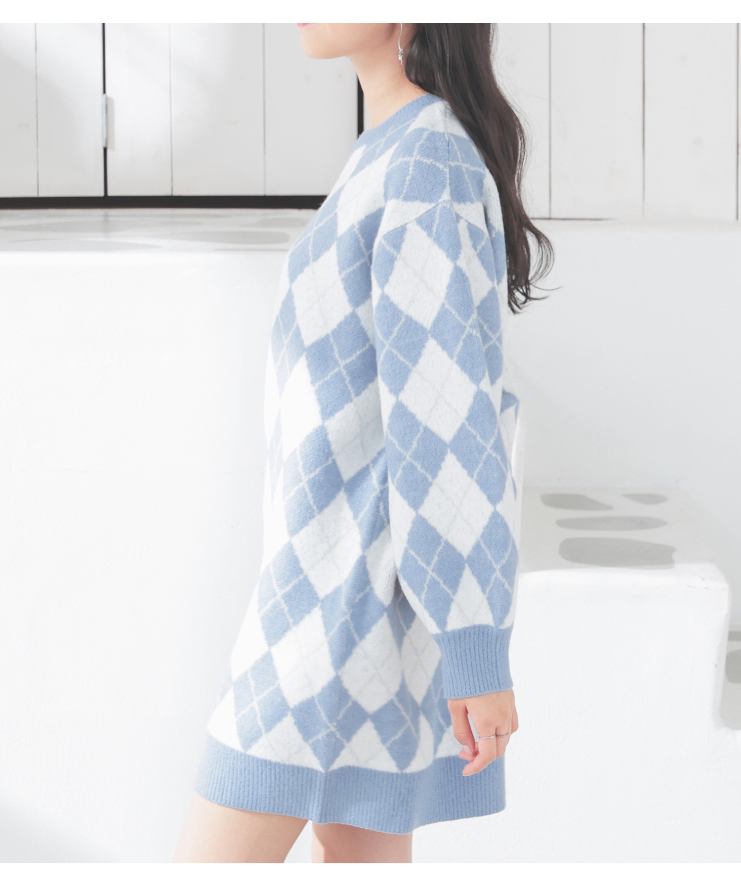 Honeys ワンピース 長袖 ミニ丈 ニットワンピース ジャカード