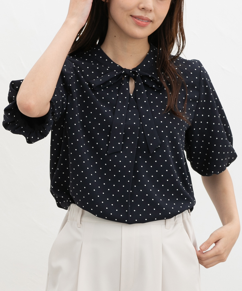 未使用級✨ボーダーズアットバルコニー バルーンスリーブ トップス ブラウス 紺 Honeys（ハニーズ） トップス ブラウス ハニさら オフィス きれいめ
