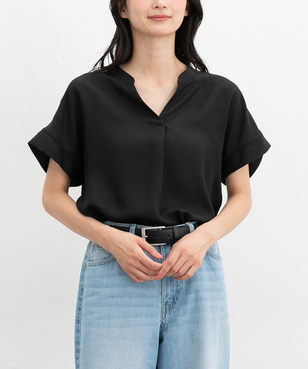 hono出品 Honeys トップス ブラウス 半袖 スキッパーブラウス マオカラー