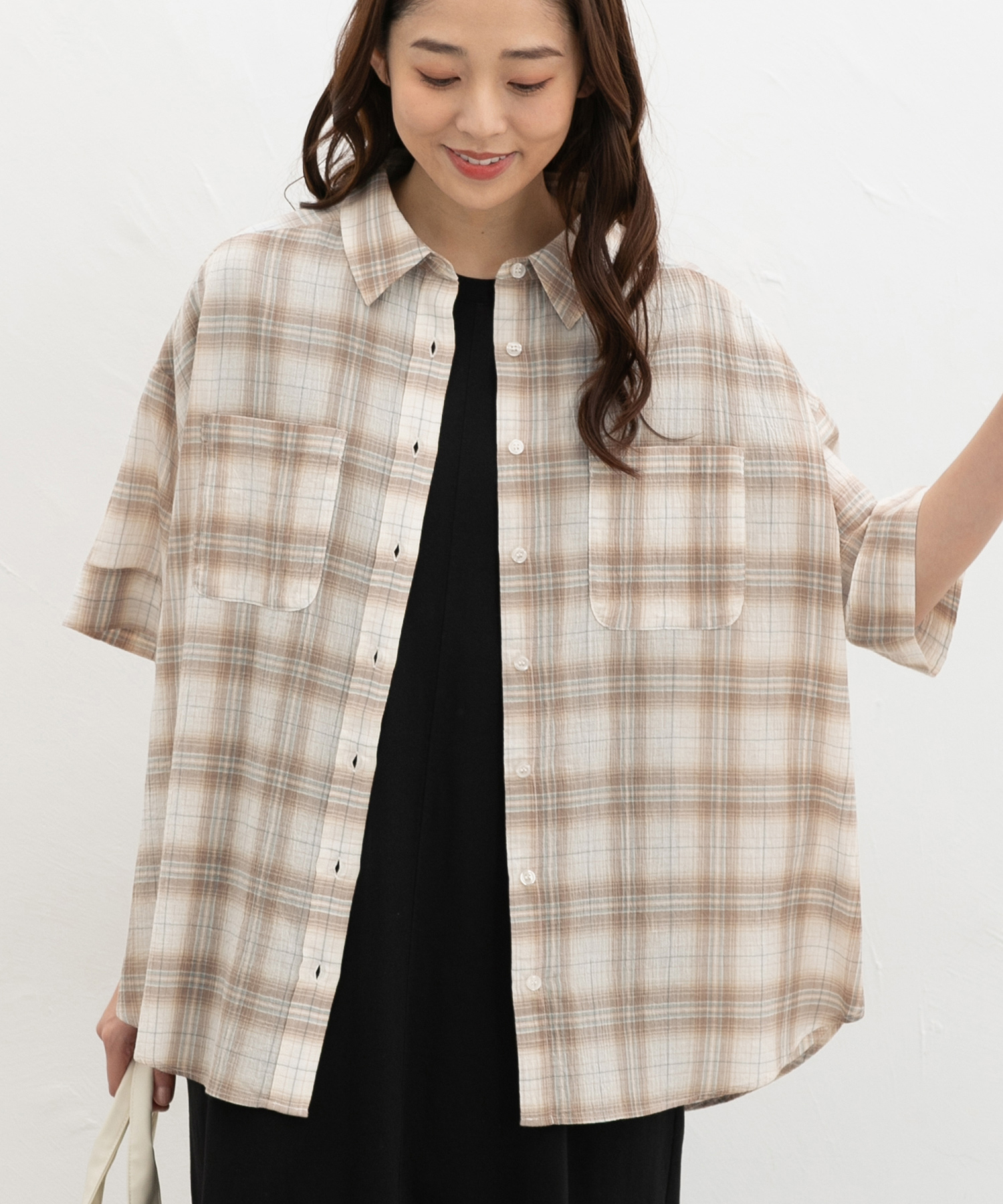 pas a pas パサパ日本製 コットン ワイドブラウス チェックゆったり半袖 Honeys（ハニーズ） トップス シャツ ブラウス 半袖 チェック柄