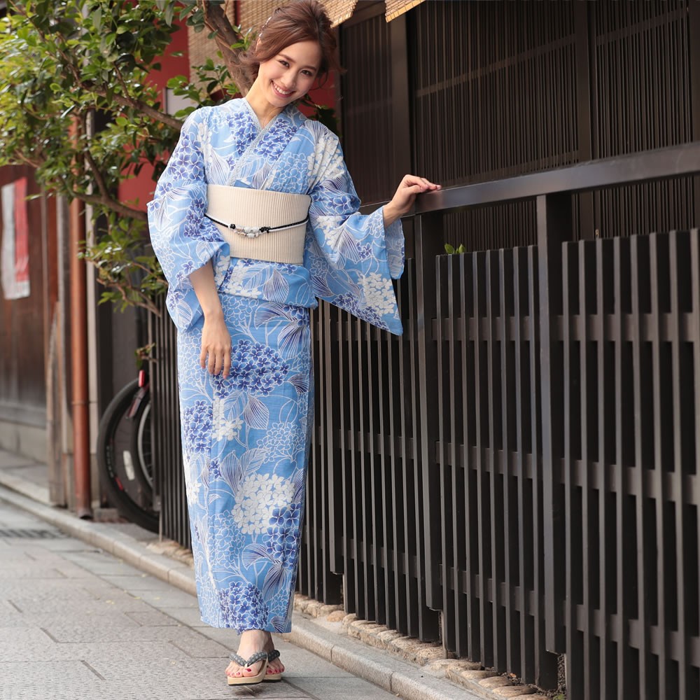 浴衣 レディース 3点セット (ゆかた/帯/下駄) 水色 紫陽花 (紫陽花 