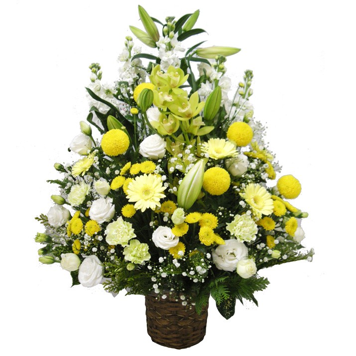 お供え お悔やみ 花 法要 49日 お盆 初盆 一周忌 四十九日 供花 お供え花 生花 ユリ フラワーアレンジメント 特大  高さ80cm 【JF】 [供花アレンジ特大]の画像