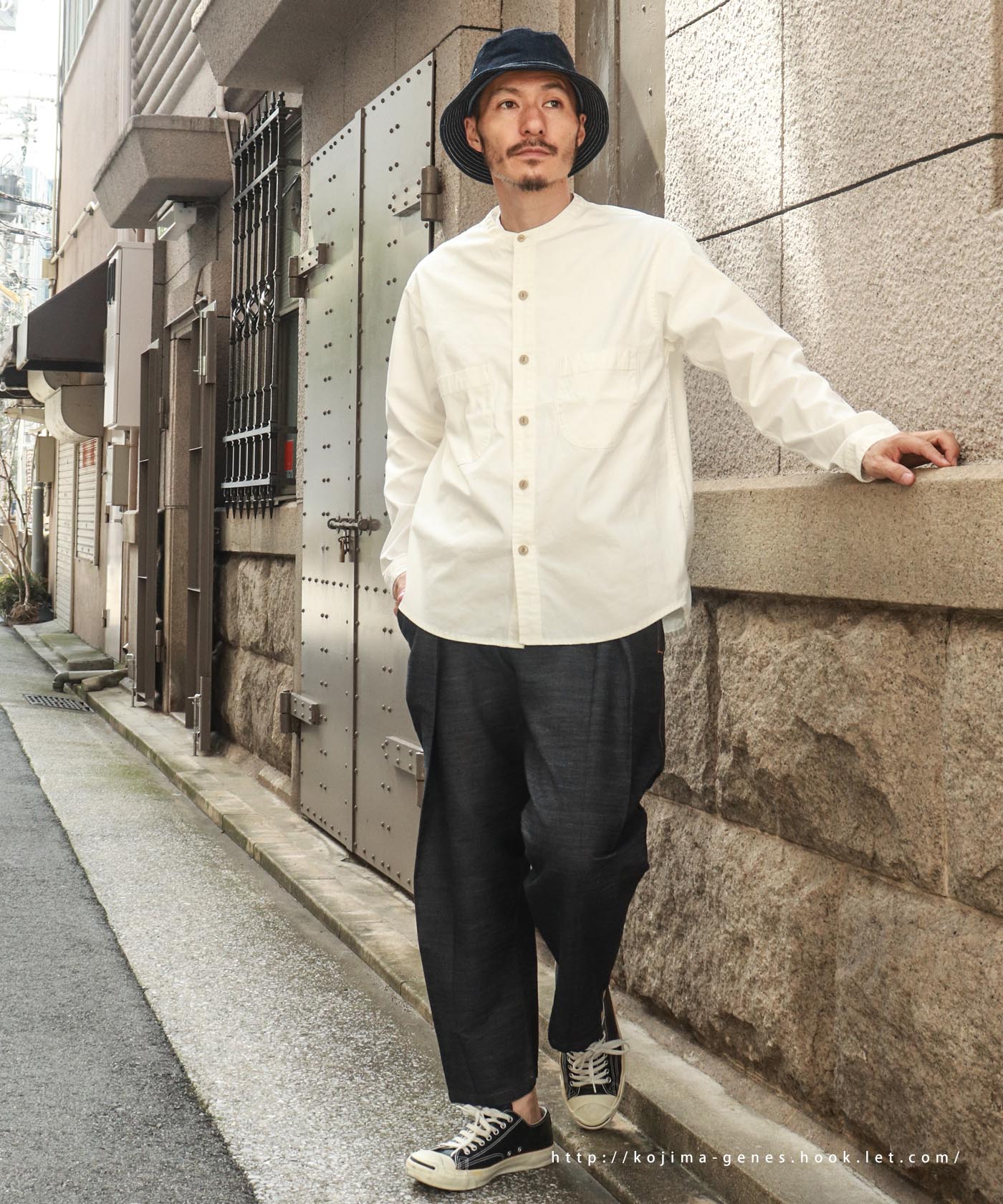 児島ジーンズ レラックス ノーカラーシャツ 長袖 メンズ