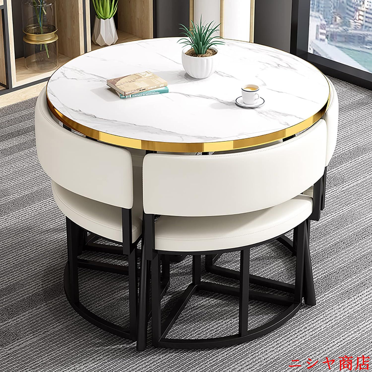 丸テーブルセット4人用 ダイニングセット 食卓セット ダイニングルームとキッチン用 モダンデザインテーブルと椅子セットホームキッチン 4人掛けカフェテーブルの画像