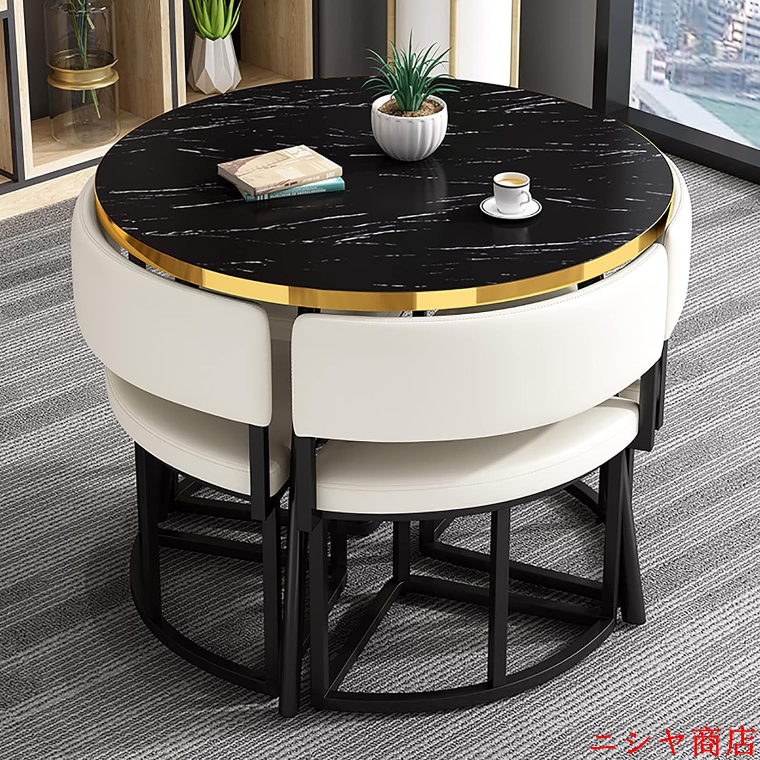 丸テーブルセット4人用 ダイニングセット 食卓セット ダイニングルームとキッチン用 モダンデザインテーブルと椅子セットホームキッチン 4人掛けカフェテーブルの画像