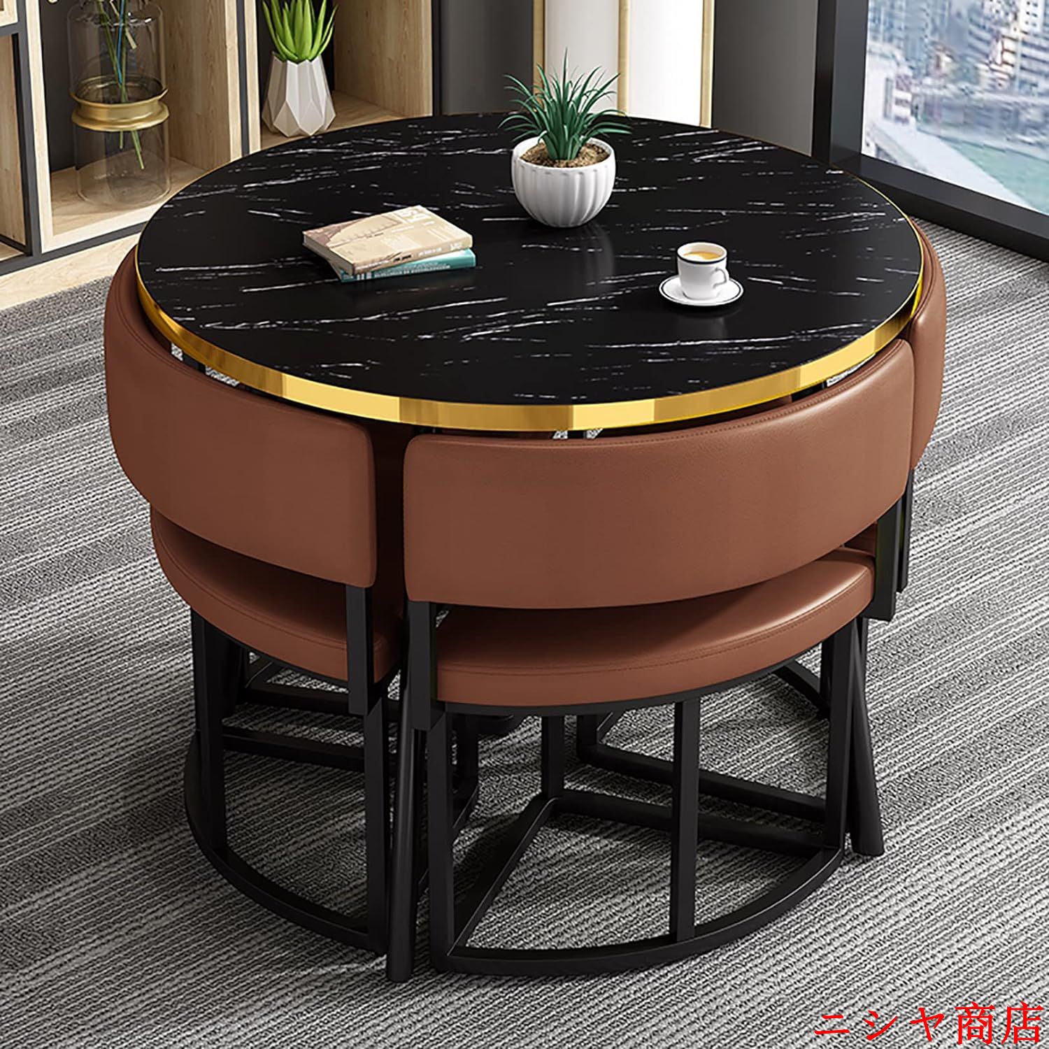 丸テーブルセット4人用 ダイニングセット 食卓セット ダイニングルームとキッチン用 モダンデザインテーブルと椅子セットホームキッチン 4人掛けカフェテーブルの画像
