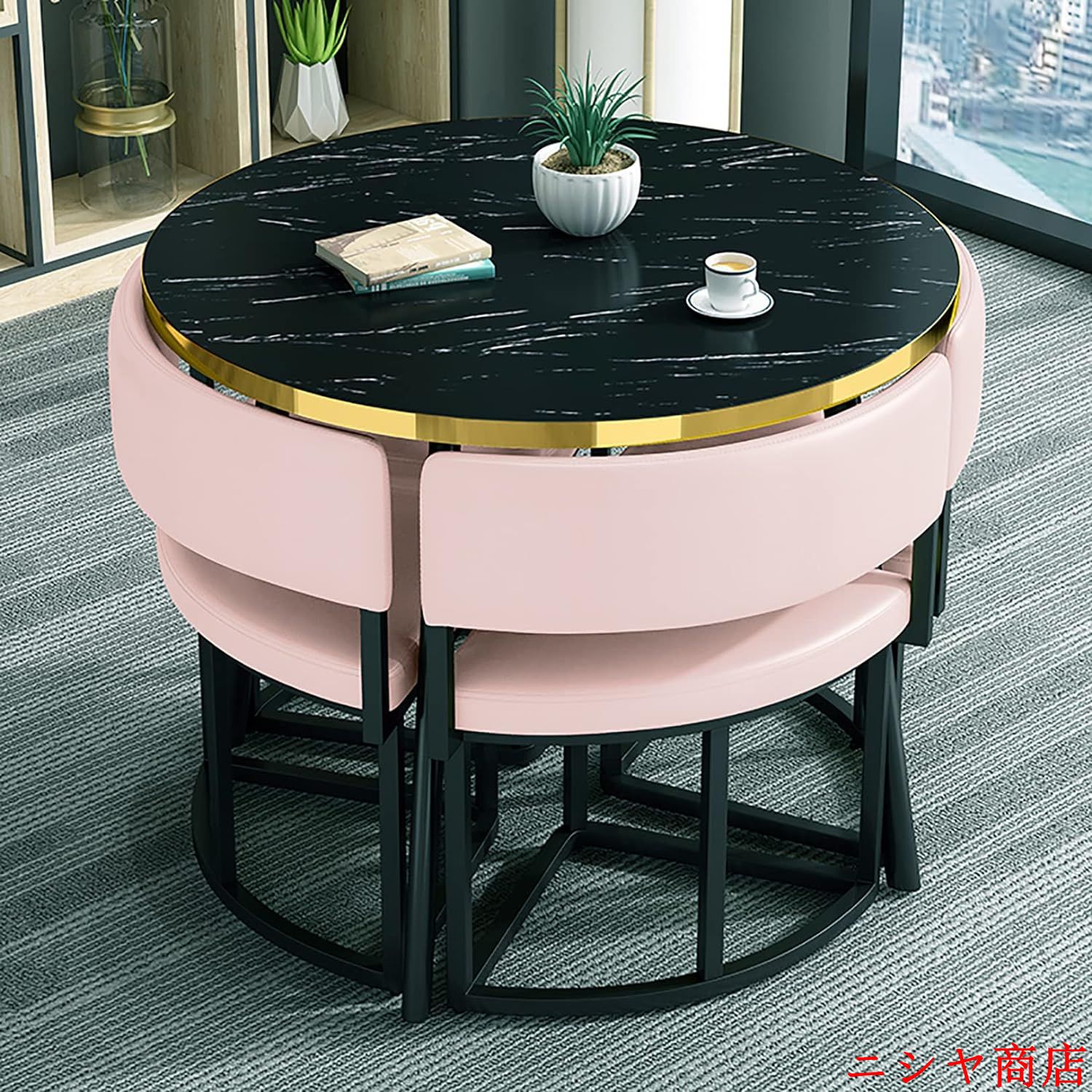 丸テーブルセット4人用 ダイニングセット 食卓セット ダイニングルームとキッチン用 モダンデザインテーブルと椅子セットホームキッチン 4人掛けカフェテーブルの画像