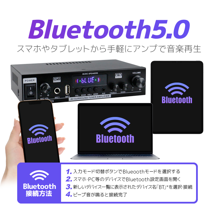 Bluetooth5.0対応 2ch オーディオアンプ 40W＋40W リモコン付 USB MP3