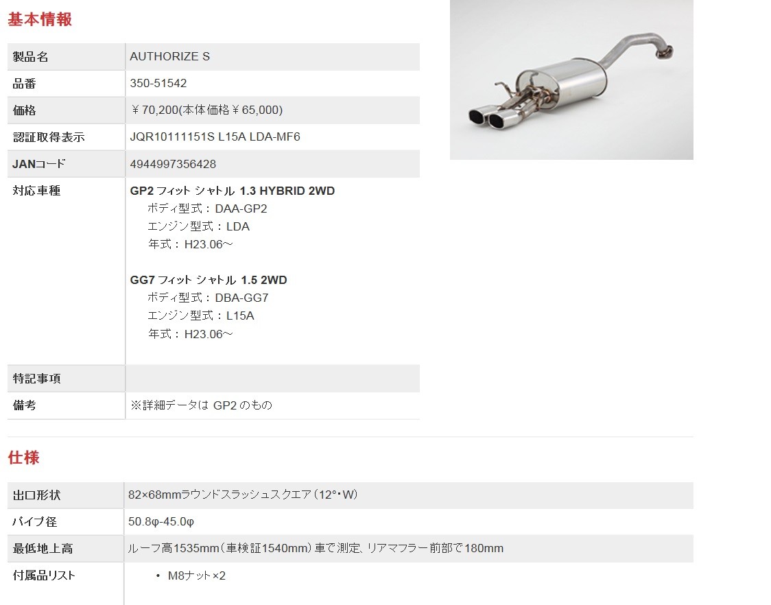 フジツボ フィットシャトル DBA-GG7 マフラー 350-51542 FUJITSUBO A-S