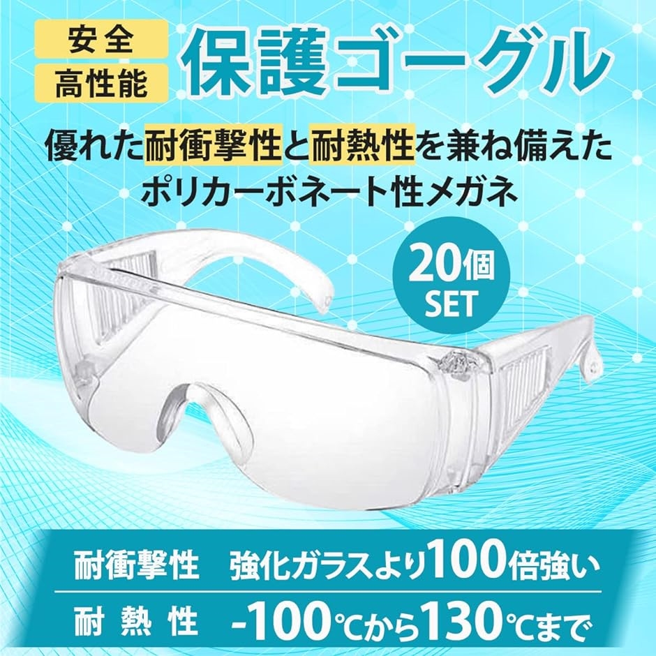 ゴーグル 保護メガネ フェイスシールド 作業用 メガネタイプ メガネの上から装着可 20個セット｜horikku｜02