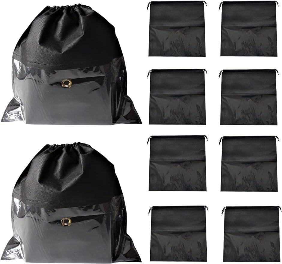 シーポッシュ 10枚 バッグ 収納 不織布 窓付き 巾着袋 防塵 カバン 保管袋( 黒M10枚)