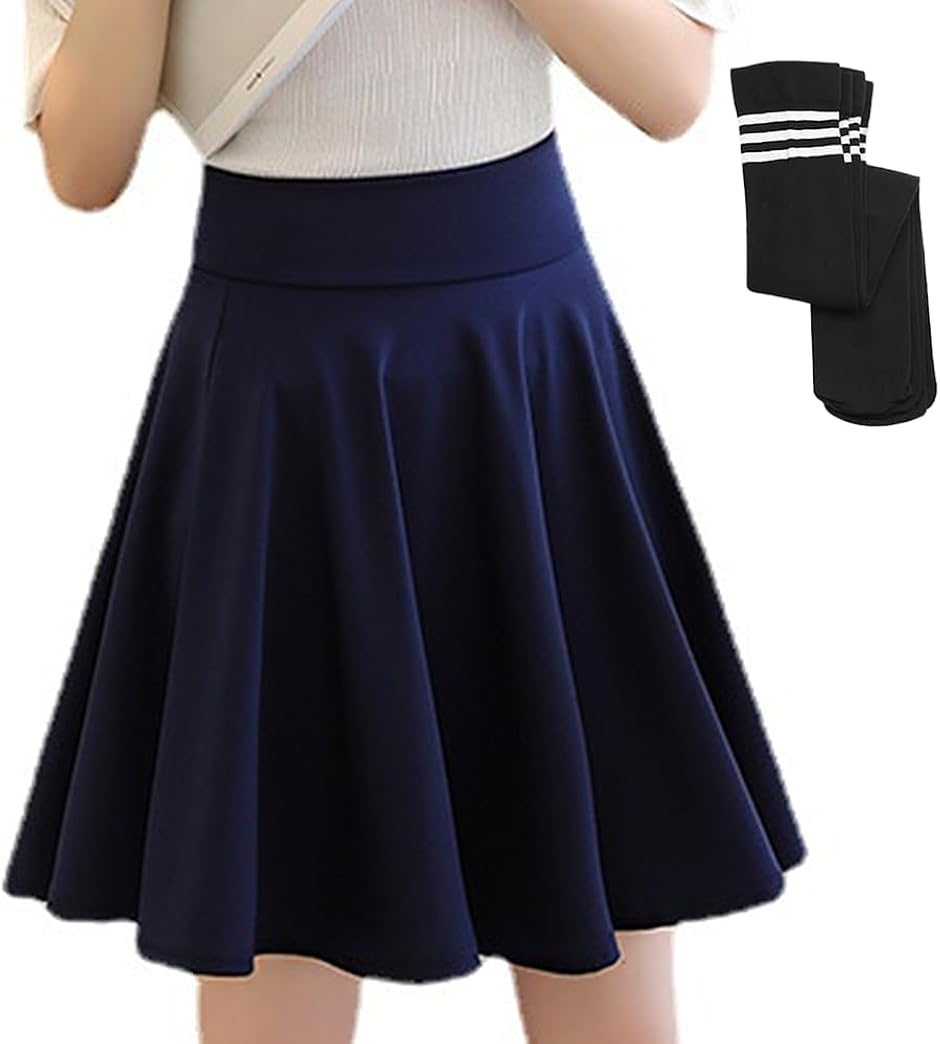 女装 コスプレ服 大きいサイズ 無地 ミニスカート 可愛いを発信 SNS映え ニーハイソックス セット 用 (ネイビー,  XL-XXL)