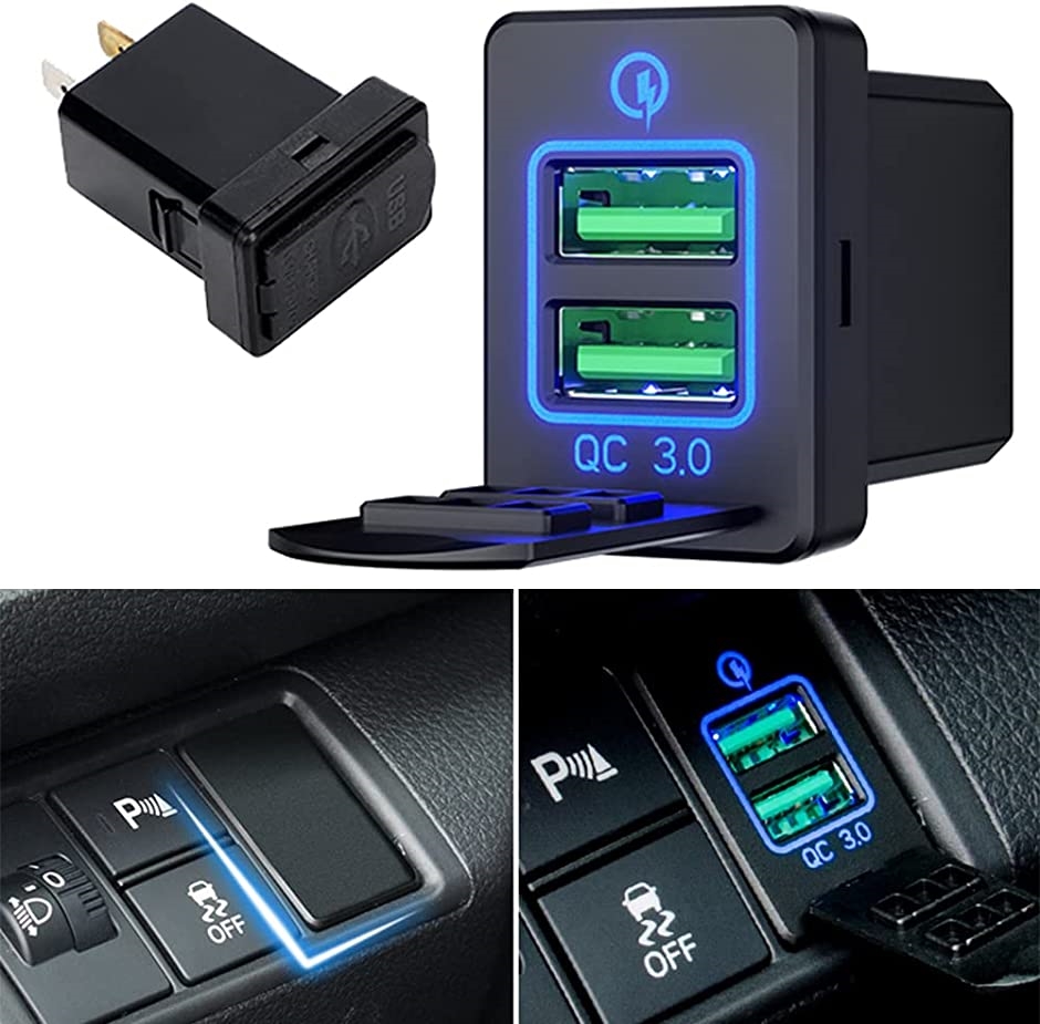 トヨタ USB電源 USBポート 2ポート搭載 スイッチホール パネル カバー キャップ付 スマホ タブレット 充電 汎用(ブルー)｜horikku