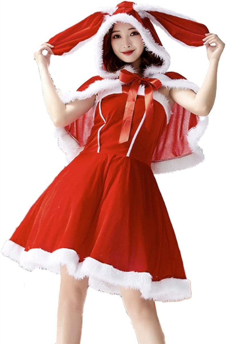 サンタクロース ミニスカートフード うさ耳 クリスマス ワンピース バニー( XL)