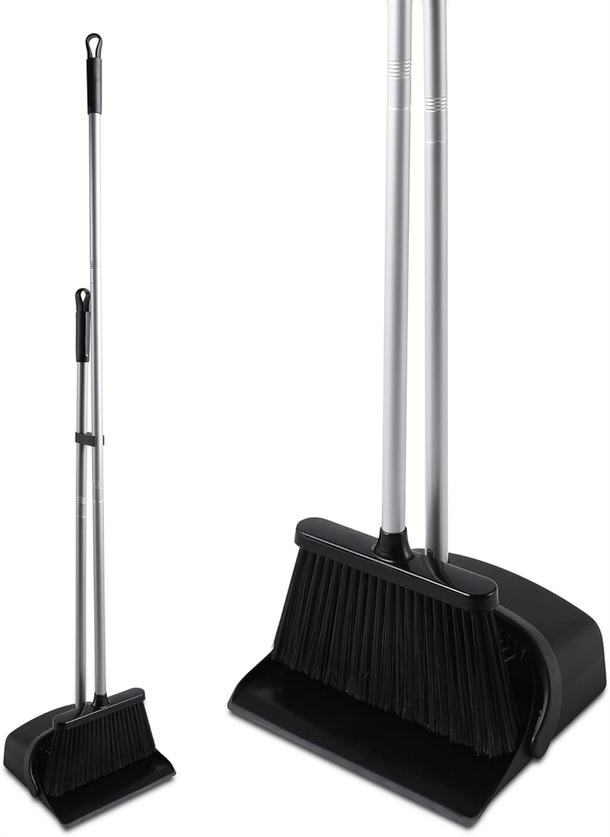 ほうき ちりとり 掃除セット 自立式 収納に便利 ロングくし付き 掃除道具 防風 塵取り 大容量 軽量 室内 玄関 ホーム MDM(ブラック)