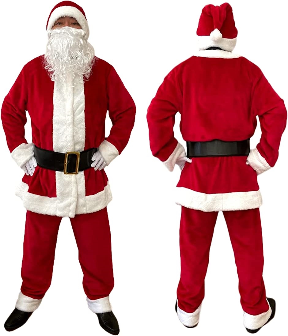 サンタクロース衣装 クリスマス コスチューム コスプレ メンズ 厚手大きめ 大人用 5点セット(レッド)