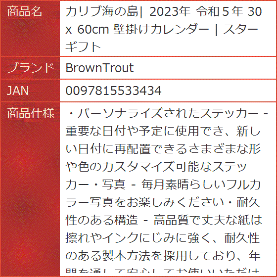 カリブ海の島| 2023年 令和５年 30 x 60cm 壁掛けカレンダー スターギフト｜horikku｜10
