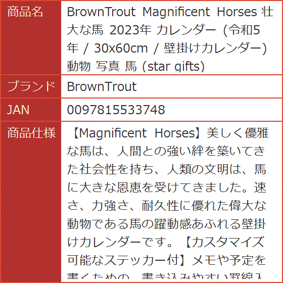 Magnificent Horses 壮大な馬 2023年 カレンダー 令和5年 / 30x60cm 壁掛けカレンダー 動物 写真｜horikku｜10