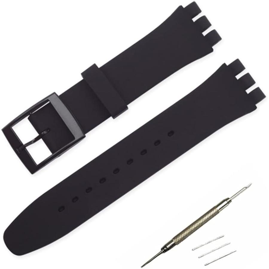SWATCH互換品 スウォッチ 腕時計 シリコン ベルト バンド 時計バンド(ブラック, 19mm)