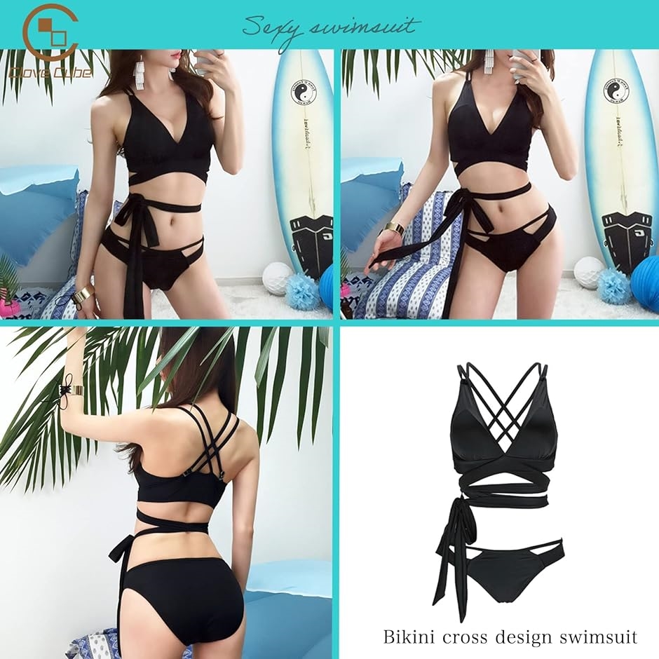 ヒ*ロ様   ブラック水着 Lサイズ 新品タグ付き ダブルクロス ビキニ レディース 水着 セクシー シンプル リボン