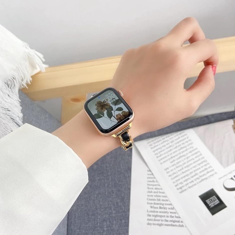 春の新作 Apple Watch チェーンバンド ゴールド レザーブラック 40mm