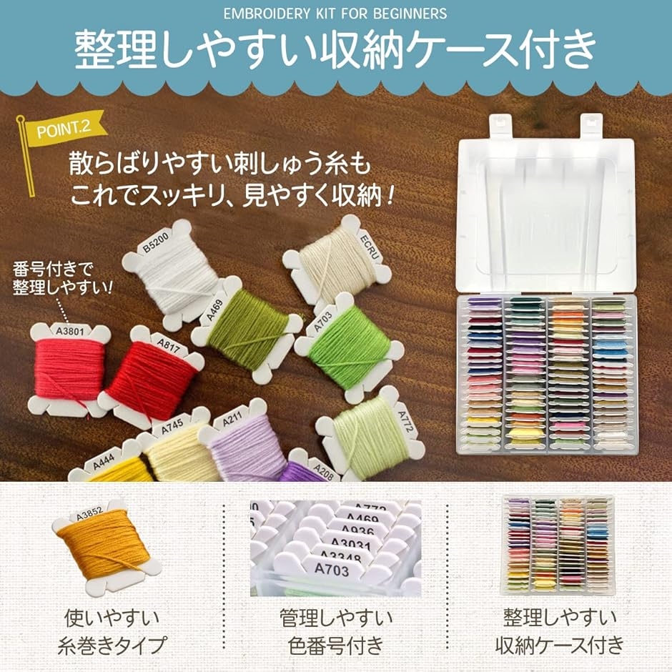 刺繍キット 刺繍糸 80色 収納ケース付き 刺繍枠 2個 人気刺繍作家監修 初心者 セット 優しい図案 解説書( 80colors)｜horikku｜04