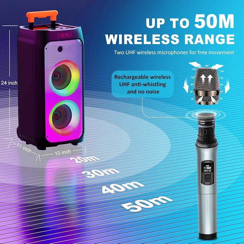 ワイヤレスマイク スピーカーセット マイク二本付き 低音強化機能搭載