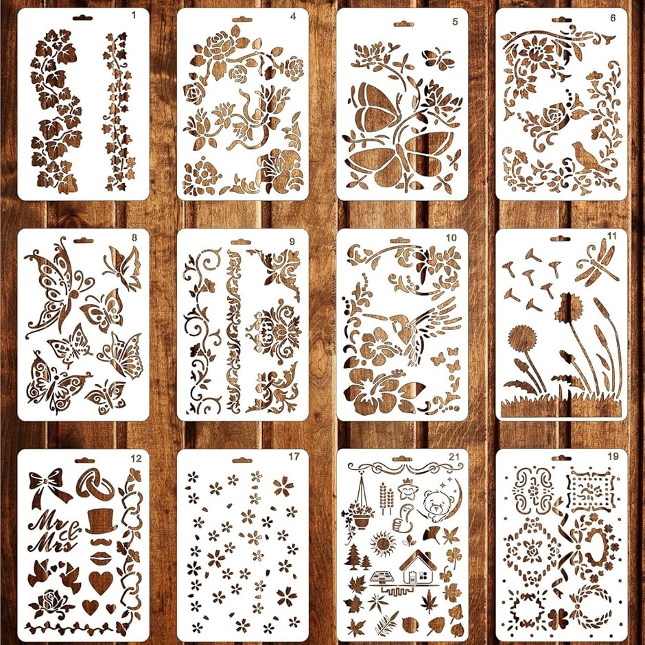 ステンシルシート 花 葉っぱ 12枚組 描画 テンプレート ステンシル