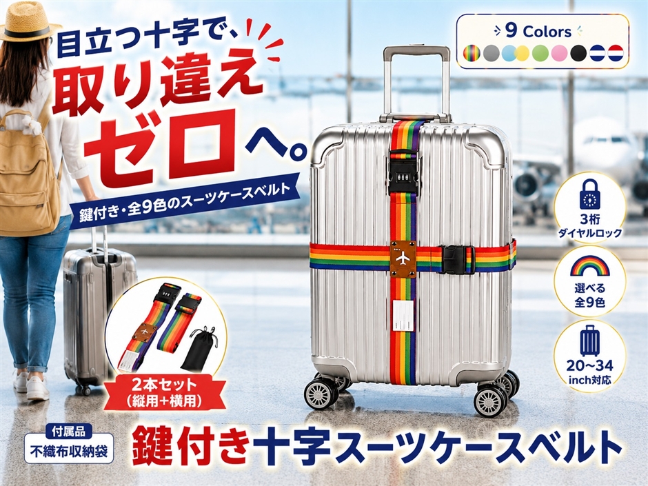 スーツケースベルト 鍵付き ロック 十字 3桁ダイヤル式 収納袋付き 2本